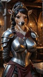 ai_generated animal_ears anthro armor arms_behind_back artist_name black_hair braid breastplate breasts female female_anthro furry furry_female hi_res high_resolution highres indoors jewelry long_hair looking_at_viewer pauldrons photorealistic realistic shoulder_armor single_braid solo stable_diffusion twitter twitter_username watermark yiffyjiffy2 yiffyjiffy69