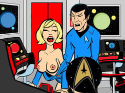 alien alien_girl areolae blonde blonde_female blonde_hair blue_shirt breasts breasts_out censored christine_chapel collarbone doggy_style female from_behind human humanoid legacy1976 male male/female nipples pointy_ears ships_bridge spock star_trek star_trek_the_original_series tagme vulcan_(species)