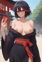 1girls ai_generated bare_shoulders blue_eyes breasts_out civitai female female_only holding_cards holding_object human kill_la_kill kimono large_breasts looking_at_viewer matoi_ryuuko nipples off_shoulder outdoors outside partial_nudity partially_nude red_highlights ribbon short_hair shrine smile solo