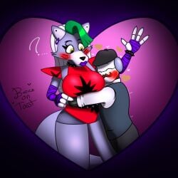 1girls ? anthro arm_warmers b.o.t beanontoast big_breasts blush bracelets closed_eyes comforting cute earring female five_nights_at_freddy's hat hug lipstick looking_at_another male male_staff_bot moustache roxanne_wolf_(fnaf) spiked_collar staff_bot_(security_breach) surprised_expression thick_thighs