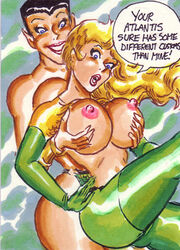 aquaman aquaman_(series) avengers black_hair blonde_hair blue_eyes breast_grab breasts clothes color crossover dc dialog english_text female female_only hair joe_gravel justice_league long_hair marvel multiple_females multiple_girls namor namor_the_sub-mariner nipples open_eyes rule_63 shirt_lift short_hair speech_bubble text yuri