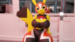 3d 3d_(artwork) anthro anthro_only blender cosplay_pikachu gym huge_breasts looking_at_viewer mirror nintendo pikachu pikachu_libre pokemon pokemon_(species) sitting smug_face squidly tail thick_thighs