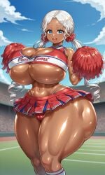 ai_generated ass barely_contained_breasts bimbo bimbo_body blue_eyes blue_sky breasts cameltoe cheerleader cheerleader_outfit cheerleader_uniform civitai cleavage cowboy_shot curvy dark-skinned_female dark_skin dark_skinned_female female forehead gigantic_hips gigantic_thighs huge_ass huge_breasts lips long_hair low_twintails microskirt midriff milkersenjoyer navel open_mouth panties panties_visible panty_straps parted_bangs pom_pom_(cheerleading) rebis_(style) red_clothing shiny_skin skirt sky smile stadium standing style_emulation thick_thighs underboob wavy_hair white_hair young young_woman younger_female