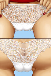 1girls cameltoe close-up close_up female nail_polish panties panty_&_stocking_with_garterbelt panty_anarchy pussy skirt_lift solo spidu split_screen upskirt white_panties
