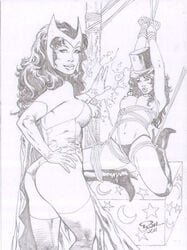 arms_up avengers black_and_white bondage crossover dc female female_only human marvel medium_breasts monochrome multiple_females nipples ron_adrian straight_hair tied_up wanda_maximoff x-men zatanna