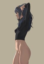 1girls arms_up ass belly_button blue_eyes blue_hair bottomless breasts covered_nipples female female_only fire_emblem fire_emblem_awakening hair_between_eyes highres long_hair long_sleeves lucina_(fire_emblem) navel nintendo pomelomelon pussy shirt simple_background skinny small_breasts solo thighs tiara