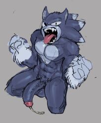 abs anthro balls biceps blue_body blue_fur bodily_fluids erection eulipotyphlan fangs foreskin fur genital_fluids genitals green_eyes hedgehog hi_res humanoid_genitalia humanoid_penis male mammal pecs penis precum retracted_foreskin sega simple_background smugh solo sonic_(series) sonic_the_hedgehog_(series) sonic_the_werehog sonic_unleashed teeth tongue tongue_out were wereeulipotyphlan werehog