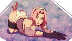 ass bad_feet bare_shoulders blush breasts female fishnet fishnets gloves goldcoinsuperstar green_eyes headband human looking_at_viewer naruto nipples panties pink_hair sakura_haruno short_hair smile solo toes underwear white_panties