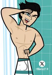 abs bathroom black27-0 black_hair bulge cocky disventure_camp gay lad male_only muscles muscular scar solo tagme tom_(disventure_camp) tongue_out towel yaoi