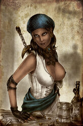 1girls agregor bottle breasts breasts_out brown_eyes brown_hair coin dark-skinned_female dice dragon_age dragon_age_2 dragon_age_origins isabela nipples pah solo solo_female