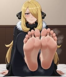 1girls ai_generated barefoot black_eyes blonde_hair cynthia_(pokemon) feet foot_fetish foot_focus pokemon shiroppo smell smelly smelly_feet smile steam steamy_feet