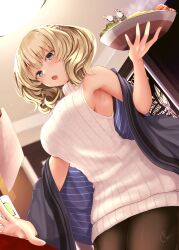 adult adult_female alternate_costume armpits arms bare_armpit bare_armpits bare_shoulders bare_skin black_pantyhose blonde_female blonde_hair blonde_hair_female blue_eyes blush blush_lines blushing_female braid braided_hair breasts cowboy_shot crown_braid eyebrows female fingernails fingers food hair_between_eyes holding large_breasts lips mature mature_female narushima_kanna nervous nervous_expression nervous_face nervous_female nervous_smile nervous_sweat no_headwear open_mouth original original_art original_artwork original_character original_characters pantyhose ribbed_sweater short_hair shy shy_expression shy_smile sideboob signature sleeveless solo sweater thighs tongue tray underboob wavy_hair white_sweater