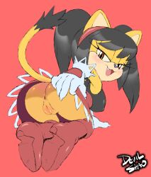 absurd_res accessory anthro anus ass bangs big_breasts black_hair blush breasts clothed clothing coolblue felid feline female flashing fur genitals gloves hair hair_accessory hairband handwear hi_res honey_the_cat kneeling mammal midmelt nipple_outline no_underwear orange_eyes pussy sega solo sonic_(series) sonic_the_fighters sonic_the_hedgehog_(series) twintails_(hairstyle) upskirt yellow_body yellow_fur