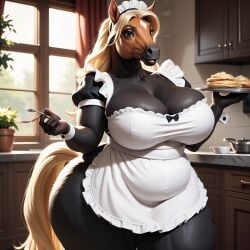 ai_generated anthro big_breasts blonde_hair breasts clothing curvy_figure director_homer_26 equid equine female furry furry_female furry_only hair hi_res horse kitchen kitchen_utensils maid_uniform mammal solo thick_thighs tools uniform voluptuous voluptuous_female wide_hips yellow_tail