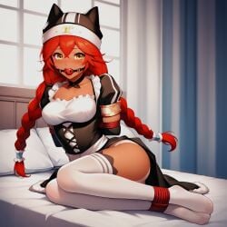 1girls ai_generated arms_behind_back ass ball_gag bedroom bereft bondage braided_hair choker dark-skinned_female dark_skin hat laying_down laying_on_bed long_hair looking_at_viewer lupusregina_beta maid maid_headdress maid_uniform overlord_(maruyama) panties red_hair red_rope rope rope_bondage solo_female stable_diffusion thighhighs thighs tied_up twin_braids werewolf_girl white_thighhighs wolf_girl yellow_eyes