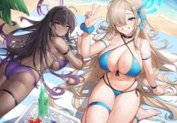 2girls ass asuna_(blue_archive) beach beach_towel black_hair blonde_hair blue_archive blue_bikini blue_eyes brown_skin chocolate_and_vanilla dark-skinned_female dark_skin female female_only hair_over_one_eye hi_res huge_breasts karin_(blue_archive) light-skinned_female light_skin long_hair looking_at_viewer looking_back lying_down lying_on_stomach morung purple_bikini sitting sitting_on_towel smile v yellow_eyes