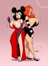 2girls areola_slip areolae black_hair breasts cleavage color dress female female_only gloves jessica_rabbit joaoppereiraus original push-up red_hair rubberhose sally_mcboing smiling_at_another thighs who_framed_roger_rabbit