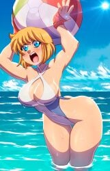 1girls beach_ball bent_over big_breasts blonde_hair blue_eyes blush darkereve female female_only hi_res in_water jpeg legs_in_water looking_at_viewer mesiasart open_mouth sea smiling smiling_at_viewer solo swimsuit thick_thighs thigh_gap water