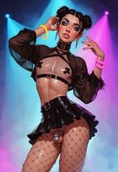 ai_generated black_hair chastity_cage cute_male dancing femboy fishnet_pantyhose fishnets flat_chest glowing_bracelet harness makeup male neon_lights nipple_pasties otoko_no_ko party rave rave_outfit sissy skirt skirt_lift slutty_outfit twin_buns yaoi zenit2