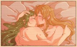 2girls after_sex arms_around_partner artist_name bed bed_sheet bite_mark bite_mark_on_shoulder blonde_hair blush border breasts cleavage closed_eyes color completely_nude cuddling curly_hair dreamsynddart elise_(little_goody_two_shoes) embrace green_hair hand_on_another's_head highres lebkuchen_(little_goody_two_shoes) little_goody_two_shoes long_hair lying lying_on_bed lying_on_side romantic romantic_couple tan_background watermark wholesome yuri