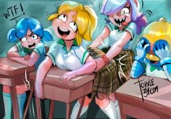 1boy 1futa 2girls absurd_res ahe_gao bent_over blonde_hair blue_hair brawl_stars carl_(brawl_stars) clothed clothing colette_(brawl_stars) colored_sketch desk dickgirl dickgirl/female dry_humping female fully_clothed futa_on_female futanari hair human intersex jacky_(brawl_stars) light-skinned_female light-skinned_futanari light_skin mostly_clothed open_mouth piper_(brawl_stars) public public_sex robot rolling_eyes school school_desk school_uniform schoolgirl skirt standing thrusting torule34 white_hair wild_sex