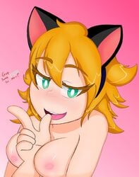 animal_ears bare_breasts black_ears blonde_hair breasts cat_ears catgirl english_text green_eyes headband kemonomimi medium_breasts naked nekomatic nude nude_female oc open_mouth original_character pink_background pink_nipples short_hair sole_female