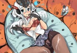 blush breasts cum humanized_pokemon long_hair moemon nipples no_panties personification pokemon pussy saliva school_uniform uncensored volcarona white_hair