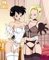 2011 2girls :d @_@ android_18 arm arms bare_shoulders bed black_gloves black_hair black_legwear black_panties blonde_hair blue_eyes breasts choker cleavage collarbone dragon_ball dragon_ball_z elbow_gloves female female_only garter_belt garter_straps gloves grin happy hug human indoors jimryu large_breasts legs lingerie looking_at_viewer midriff mind_control multiple_females multiple_girls mutual_yuri neck nipples outstretched_arm outstretched_hand panties ringed_eyes see-through short_hair smile standing strapless tech_control tubetop videl white_choker white_gloves white_legwear white_panties yuri