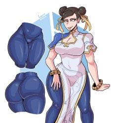 ass_closeup buns capcom chinese_clothes chun-li chun-li_(street_fighter_6) cleavage cleavage_cutout hair_bun loggus_doggus muscular muscular_thighs older_female ribbon ribbons shiny_clothes street_fighter street_fighter_6 thick_thighs thighs toned_female white_dress