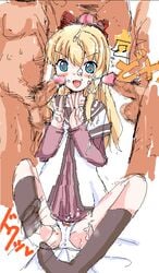 black_legwear black_socks blonde_hair blue_eyes blush bukkake cum cum_on_face cum_on_hair cum_on_leg feet footjob kyouko_toshinou panties penis smile socks soles toes yuruyuri