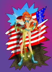 1girls american_flag angry bloom_(winx_club) blue_eyes breasts broken_chain chains charmix cuffs exposed_breasts fairy female flag high_heels nipples no_panties pussy rainbow_(animation_studio) red_hair solo tagme torn_clothes winx_club