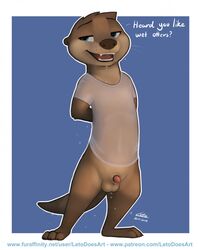 animal_genitalia arin_(letodoesart) balls bedroom_eyes blue_eyes bottomless brown_fur clothed clothing dialogue english_text fur half-closed_eyes letodoesart male male_only mammal mustelid naughty_face otter penis penis_tip pose seductive sheath shirt solo text wet_shirt whiskers