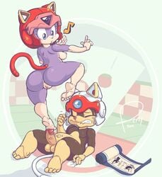 1girls 2011 anthro ass breasts domestic_cat feline female fur furry helmet male mammal nipples penis pink_fur pizzacat polly_esther samurai_pizza_cats speedy_cerviche tagme tail