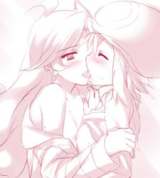 2girls amitie areolae arm_grab bare_shoulders blush breast_press breasts breasts_out cleavage closed_eyes clothing drooling earrings exposed_breasts eyebrows_visible_through_hair female female_only flat_chest french_kiss half-closed_eyes hat kissing long_hair looking_at_another looking_pleasured monochrome multiple_girls nipples no_bra open_clothes open_mouth open_shirt passionate pleasure_face puyo_puyo puyo_puyo_fever raffina_(puyo_puyo) saliva saliva_trail sega shirt shirt_lift shirt_up side_view sideboob simple_background small_breasts sweat sweatdrop tongue tongue_out undressing yuri