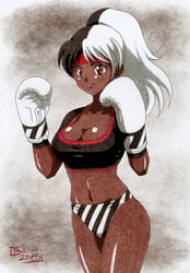 1girls black_and_white_hair black_and_white_panties boxing boxing_gloves breasts brown_eyes butcherstudios cleavage dark-skinned_female dark_skin female female_only gloves headband neggy oc panties ponytail solo striped_panties tagme tied_hair two_tone_hair white_boxing_gloves white_gloves wide_hips