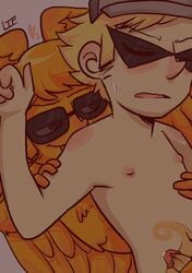 2boys blonde_hair bro_strider closed_eyes davesprite feathers gay hat heart homestuck incest lemonteaflower licking ms_paint_adventures naked nipples orange_hair orange_skin penis precum short_hair sprite sunglasses tail white_skin wings