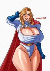 1girl 1girls belt blonde_hair blue_eyes blue_gloves boobies boobs boobs_bigger_than_head cape dc dc_comics female female_focus female_only gigantic_breasts huge_boobs huge_breasts huge_thighs lipstick niku_niku0 power_girl red_cape short_hair solo solo_female solo_focus superman_(series) thick_thighs thighs