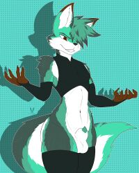 absurd_res animal_genitalia anthro arm_warmers armwear balls big_tail black_arm_warmers black_armwear black_clothing black_crop_top black_legwear black_shirt black_thigh_highs black_topwear bottomless bq brown_body brown_fur clothed clothing crop_top cutefckngbunny dotted_background fur genitals green_body green_fur green_pawpads hair hair_over_eye head_tuft hi_res hybrid legwear male multicolored_body multicolored_fur pattern_background pawpads penis penis_poking_out penis_tip sheath shirt simple_background solo tail thigh_highs topwear tuft white_body white_fur