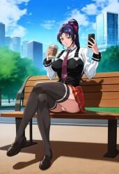1girls academy_uniform_(bible_black) accurate_art_style ai_generated arm_support ass ass_bigger_than_head ass_support bench bible_black bible_black_gaiden big_breasts blue_sky blush bottom_heavy breasts cellphone city_background clothing coffee coffee_cup crossed_legs day drill_sidelocks drink earrings enigmata female female_focus female_only flirting flirting_with_viewer fully_clothed hair_ribbon hi_res high_resolution highres holding_object kozono_nami loafers long_hair looking_at_viewer necktie outdoors park pinup pleated_skirt ponytail purple_hair road school_uniform schoolgir seducing seducing_viewer shiny_skin shoes sidelocks sitting skirt smile solo solo_focus source_request stockings student_council_president suspenders teasing teasing_viewer teenage_female teenager thick_ass thick_thighs thighhighs thighs very_long_hair vest viewed_from_below voluptuous yellow_eyes