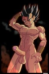 cabba saiyan saiyan_male saiyan_armor universe_6 universe_6_saiyan dragon_ball_super alternate_version_available chicofondo big_penis black_hair sweatdrop sweating steaming_body scratches training naked naked_male penis_focus