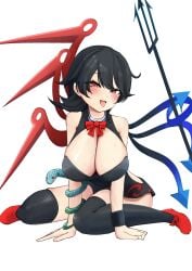 1girl 1girls arm_support ass asymmetrical_wings bare_shoulders big_breasts black_clothing black_dress black_hair black_thighhighs blue_wings blush blush_lines blushing blushing_at_viewer boob_window bow bowtie breasts_cutout butt cleavage cleavage_cutout closed_eyes clothing_cutout dress full_body hi_res high_resolution highres holding_object holding_weapon horny in_heat large_breasts looking_at_viewer no_bra nue_houjuu open_clothes open_mouth polearm red_bow red_bowtie red_eyes red_ribbon red_shoes red_wings ribbon saliva saliva_drip shinonome_zakuro shoes short_hair simple_background sitting sleeveless sleeveless_shirt smile smile_at_viewer smiley_face smiling snake sole_female solo solo_female solo_focus sparkle sparkles sparkling_eyes strapless strapless_dress sweat sweatdrop sweating sweaty sweaty_body thick_thighs thighhighs tongue tongue_out touhou trident ufo unusual_wings weapon wrist_cuffs youkai