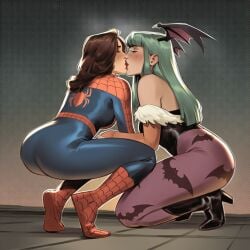 2girls ai_generated big_ass big_breasts big_thighs breasts capcom crossover curvaceous curvy curvy_figure darkstalkers digital_media_(artwork) female genderswap_(mtf) hips hourglass_figure huge_ass huge_breasts huge_thighs humanoid kissing large_ass large_breasts large_thighs legs light-skinned_female light_skin marvel marvel_comics marvel_vs._capcom mature mature_female morrigan_aensland peter_parker petra_parker phophopho rule_63 slim_waist spider-man spider-man_(series) spider-woman succubus thick thick_hips thick_legs thick_thighs thighs voluptuous waist wide_hips wide_thighs yuri