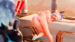 meme fortnite haylee_skye_(fortnite) lightrider_(fortnite) cybergirl3d butt_plug 1girls 2girls gun public outside greek day daytime fortnite:_battle_royale