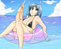 bikini blue_eyes blue_hair breasts censored cum cumming ejaculation erect_nipples futa_only futanari hair handsfree_ejaculation huge_breasts huge_cock innertube intersex ocean open_mouth outdoors penis swimsuit