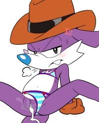 absurd_res after_sex andromorph angry annoyed anthro bikini bikini_bottom bikini_bottom_aside bikini_top bodily_fluids breath cheek_tuft clothed clothing clothing_aside cross-popping_vein cum cum_in_vagina cum_inside cuntboy digital_media_(artwork) dipodid facial_tuft fang_the_hunter fang_the_sniper fur genital_fluids genitals gloves handwear hat headgear headwear hi_res intersex jerboa long_ears male mammal purple_body purple_fur raised_tail rodent sega solo sonic_(series) sonic_the_hedgehog_(series) svenniehoek swimwear tail teeth tuft two-piece_swimsuit underwear underwear_aside zoskylicious