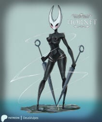 anthro arthropod athletic athletic_anthro black_body black_eyes black_nipples blush bodily_fluids breasts colored deusvulpes digital_drawing_(artwork) digital_media_(artwork) embarrassed erect_nipples female genital_fluids genitals glistening hi_res hollow_knight:_silksong hollow_knight_(franchise) hornet_(hollow_knight) humanoid insect invalid_tag mask melee_weapon nipples nude pinup pose simple_background small_breasts solo sword team_cherry vaginal_fluids vulva weapon wearing_mask