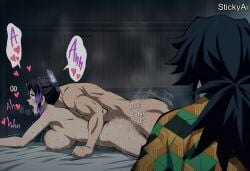 ai_generated anime_coloring stickyai mature_female 1boy 2girls accurate_art_style caught caught_in_the_act completely_nude completely_nude_female cuckquean curvy implied_sex indoors large_breasts long_hair netorare nipples ntr sex walk-in walked_in_on demon_slayer kimetsu_no_yaiba tanjiro_kamado kamado_tanjirou giyu_tomioka tomioka_giyuu shinobu_kocho kochou_shinobu