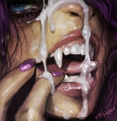 anthro bleats bodily_fluids cum cum_drip cum_on_face deer dripping fur genital_fluids hair half-closed_eyes headshot_portrait hi_res licking licking_lips male mammal narrowed_eyes open_mouth open_smile portrait purple_hair smile solo tan_body tan_fur tongue tongue_out tusk_(bleats) tusks water_deer
