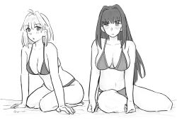 yorupei mahou_tsukai_no_yoru tsukihime tsukihime_(remake) aozaki_aoko arcueid_brunestud highres 2girls :o alternate_costume antenna_hair arm_support bikini blush breasts cleavage collarbone curtained_hair facing_viewer glaring hair_intakes kneeling large_breasts leaning_forward long_hair looking_at_viewer monochrome multiple_girls short_hair sketch swimsuit thighs