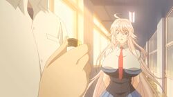 1boy 1boy1girl 1girls bedroom_eyes boobies boobs breasts clothed_female clothed_male clothed_male_clothed_female corridor edge_(studio) enormous_breasts female giant_breasts gigantic_breasts high_school huge_breasts hyper_breasts kujou_sakura lighter long-haired_female long_hair long_silver_hair male massive_breasts necktie open_eyes open_mouth open_mouth_smile ova saimin_class school_uniform schoolboy schoolboy_uniform schoolgirl_uniform screencap silver-haired_female silver_hair sunset super_breasts talking teenage_boy teenage_female teenage_girls teenage_male teenager tits